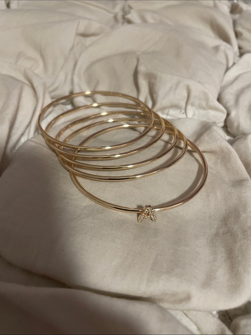 Free People Gold Tone Initial A Stackable Bangle Bracelet Set Minimalist Chic